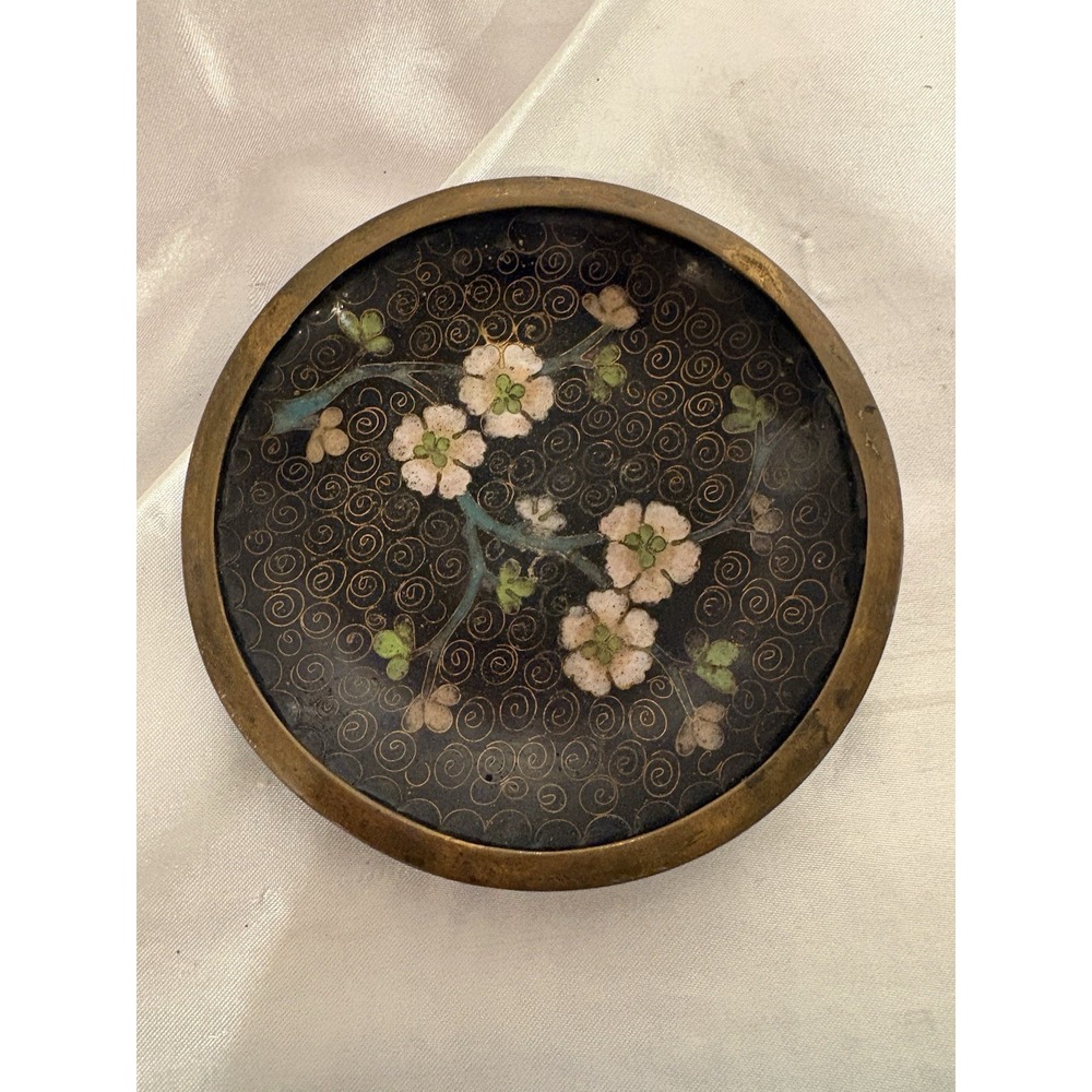 Vtg Chinese Cloisonne 3.5" Hand Painted Floral Lotus Copper Plate Trinket Dish